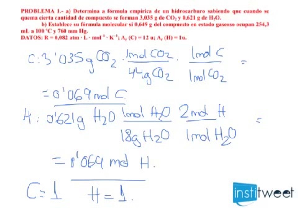 Ejercicio resuelto de Selectividad 2013 Determinar fórmula empírica y