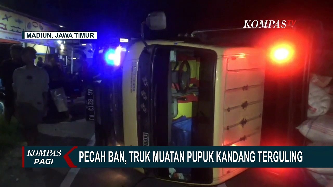 Pecah Ban Truk Bermuatan Pupuk Kandang Seberat 7 Ton Terguling Di