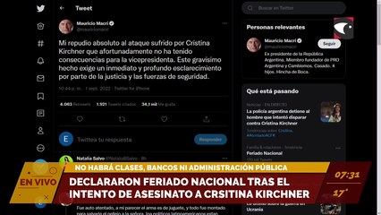 Declararon feriado nacional tras el intento de asesinato a Cristina Kirchner