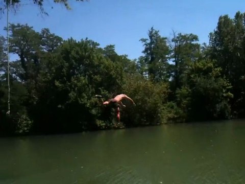 Régis saute d'un arbre