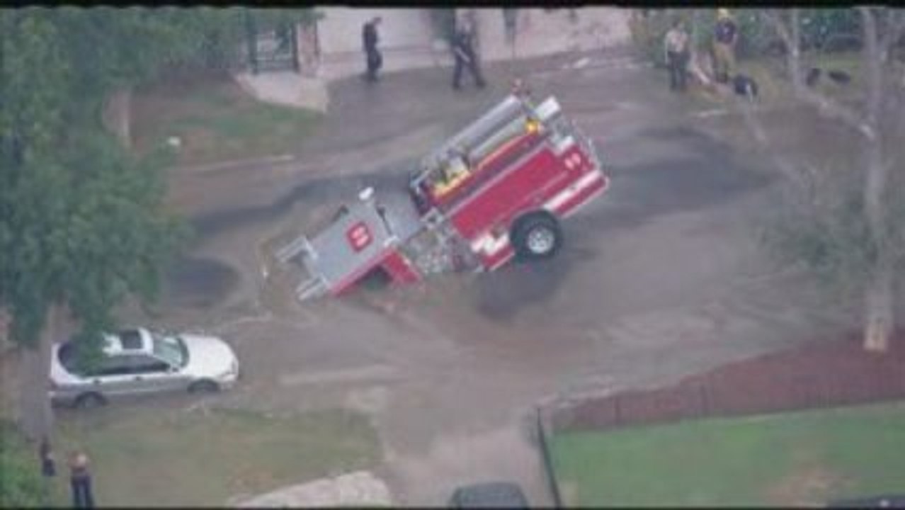 Fire truck in a deep hole
