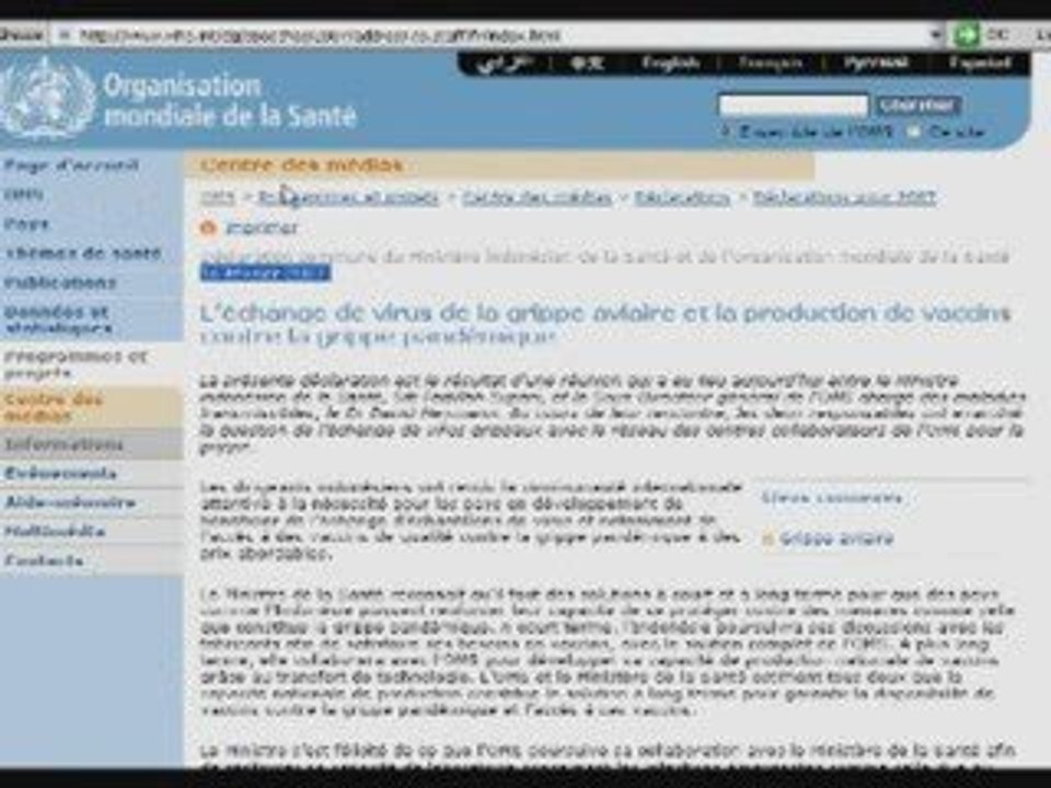 L'OMS faisait voyager la grippe H5N1 en 2007.