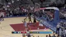 NBA Marcus Camby steals the ball; he gets it to Baron Davis