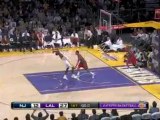 NBA Jordan Farmar hustles down the court and blocks Rafer Al