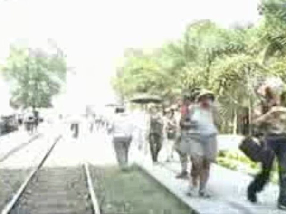 Walking On Rail Tracks To River Kwai Bridge