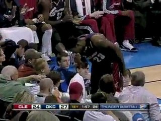 NBA LeBron James come up with a steal for a bucket and foul,