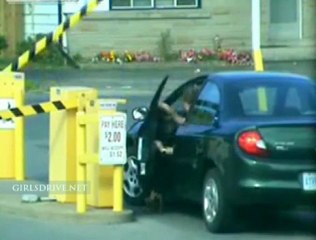Girl trying to pass automatic barrier