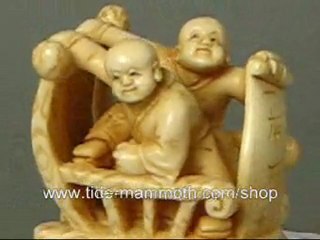 mammoth ivory netsuke figurine two kids on chair H1509