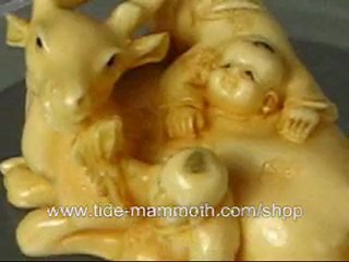 mammoth ivory netsuke figurine two kids and deer H1547