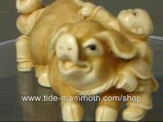 mammoth ivory netsuke figurine two kids and pig H1542