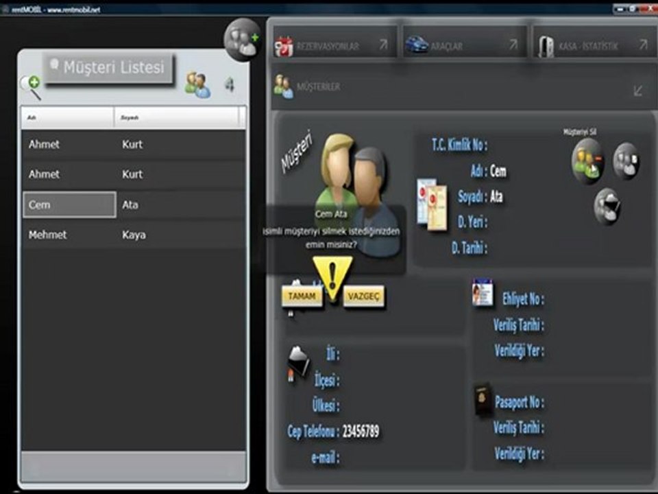 rentMOBİL Musteri Silme