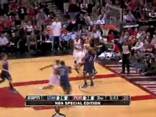 Nicolas Batum blocks a shot off the backboard.  Brandon Roy