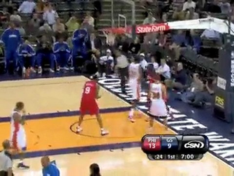 Andre Iguodala steals the ball, passes it to Jrue Holiday an