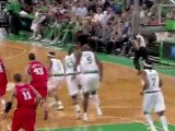 Rajon Rondo grabs the loose ball and fires it down the court