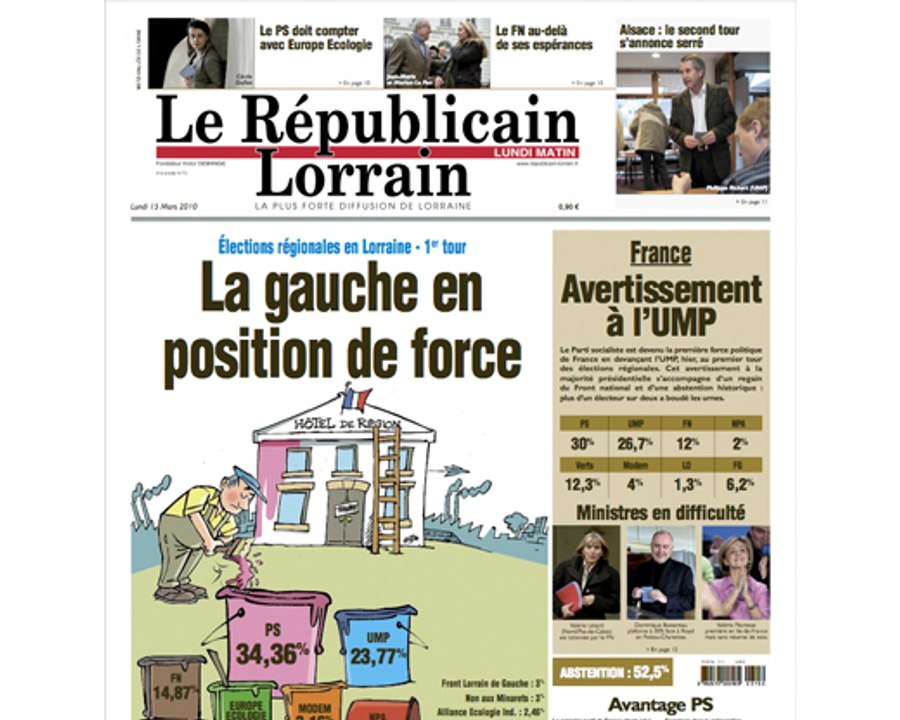 Les régionales 2010 à la Une du Républicain Lorrain