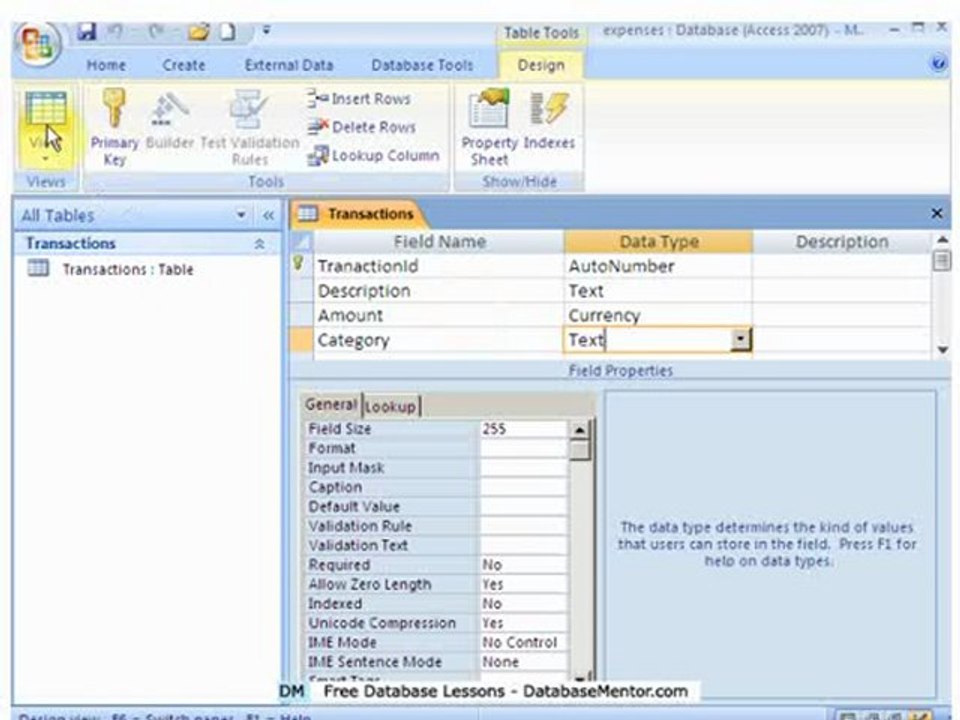 Create Access Table - Free Tutorials - Expenses Example Part