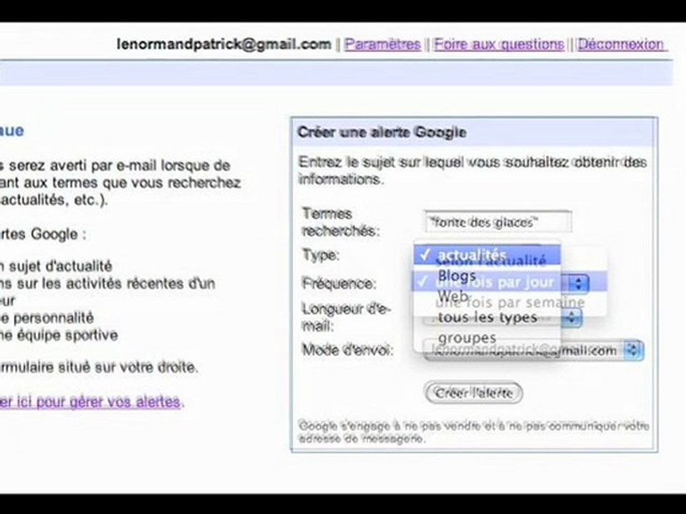 Installer une alerte Google