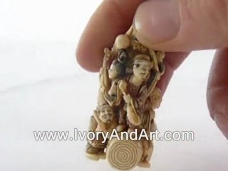 Mammoth ivory Netsuke - 7 Lucky Gods on a Drum