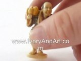 Mammoth Ivory Netsuke - Japanese Old Man Holding a Pumpkin