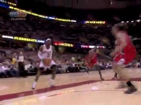 LeBron James gets the backdoor pass and goes up and over Joa