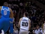 Manu Ginobili throws a nice pass to Tim Duncan, who finishes