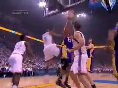 Andrew Bynum grabs the board off of the Ron Artest miss and