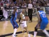 Tony Parker drives to the hole on Jason Terry and gets the t