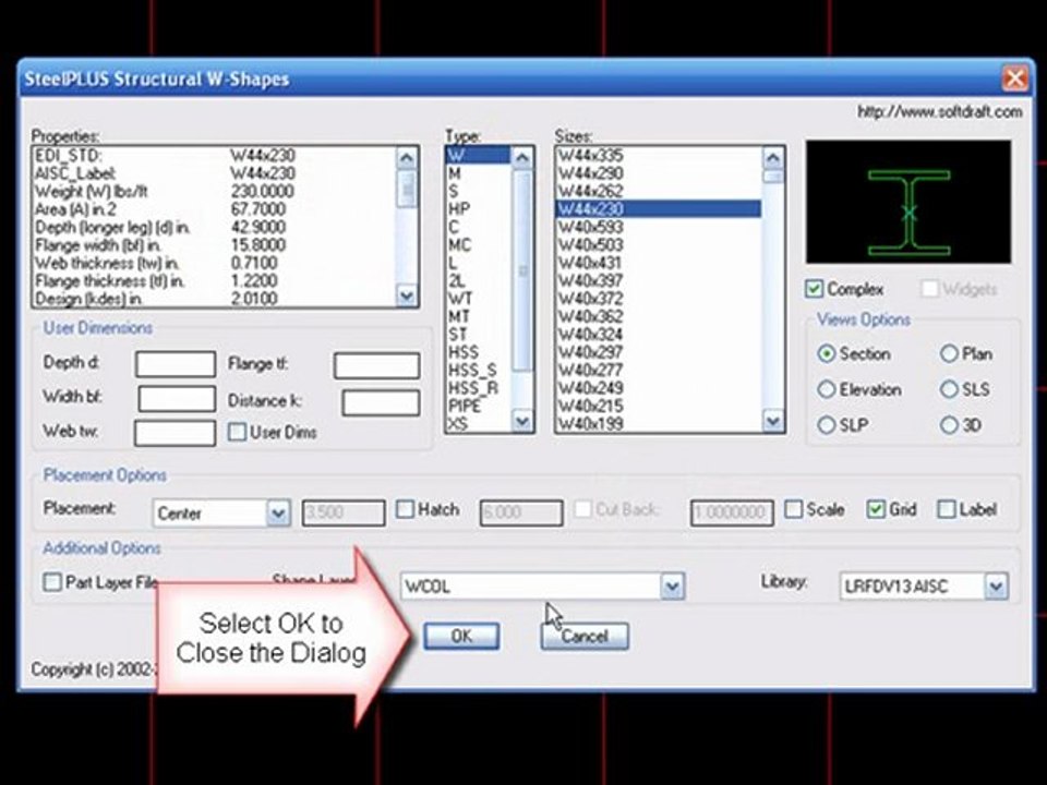 SteelPLUS Structural Steel Shapes Grid Option