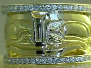 Frank Paulson Haida artist. Engraved gold ring with diamonds