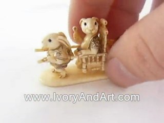 Mammoth Ivory Netsuke - 2 Rabbits Lifting a Rabbit