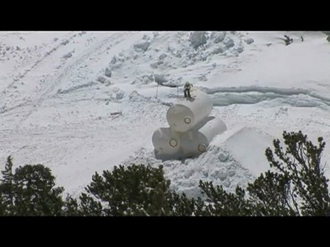 skiier crashes double ejection on 3 barrel jib