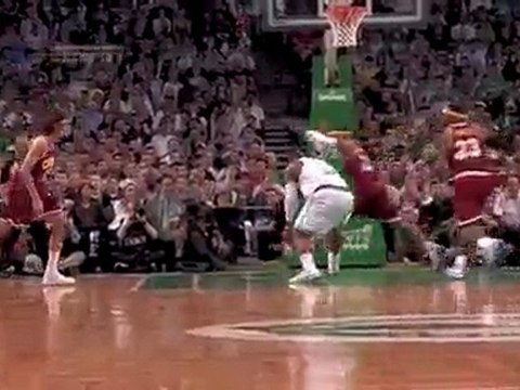 LeBron goes up against Glen Davis and gets the vicious block