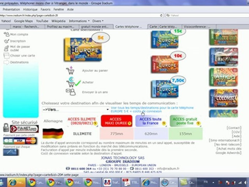 Appels internationaux par les cartes telephones