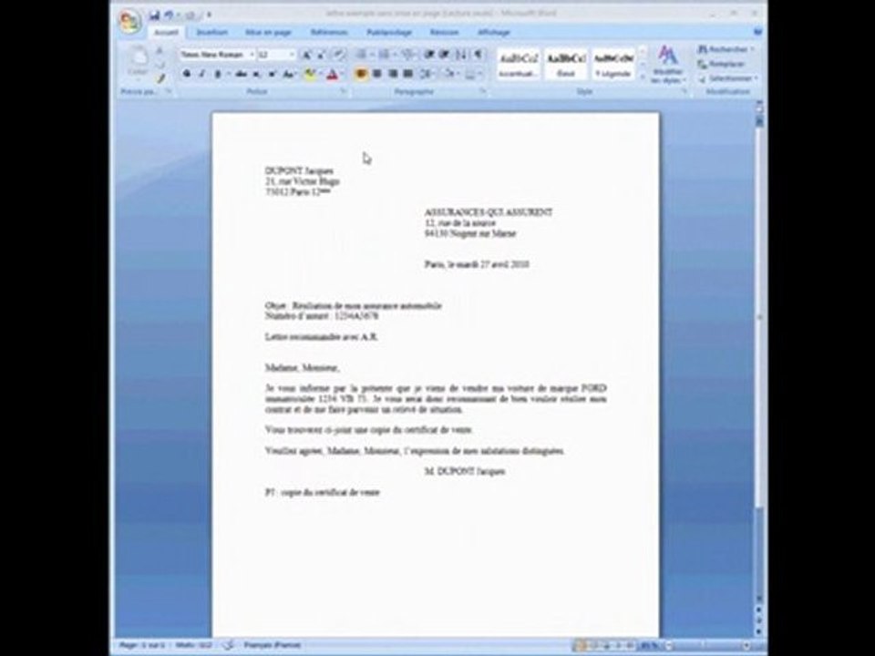 Ecrire une lettre sous WORD 2007