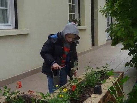 Mattéo plante les fleurs