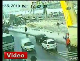 dump truck destroys highway bridge