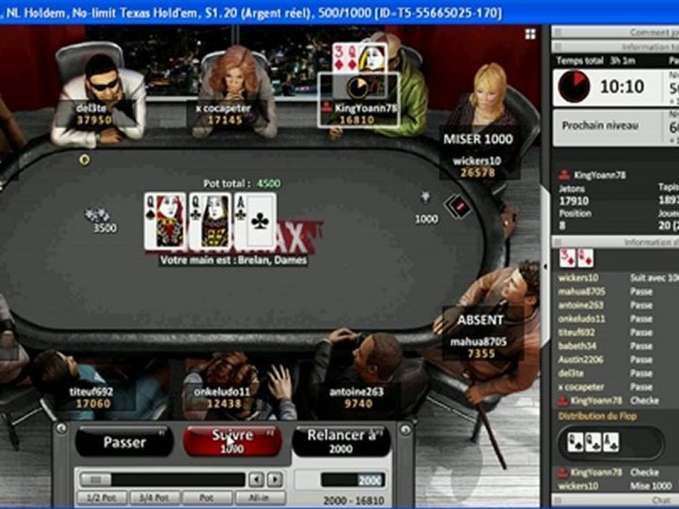 fin tournoi brelan Q vs full 666QQ