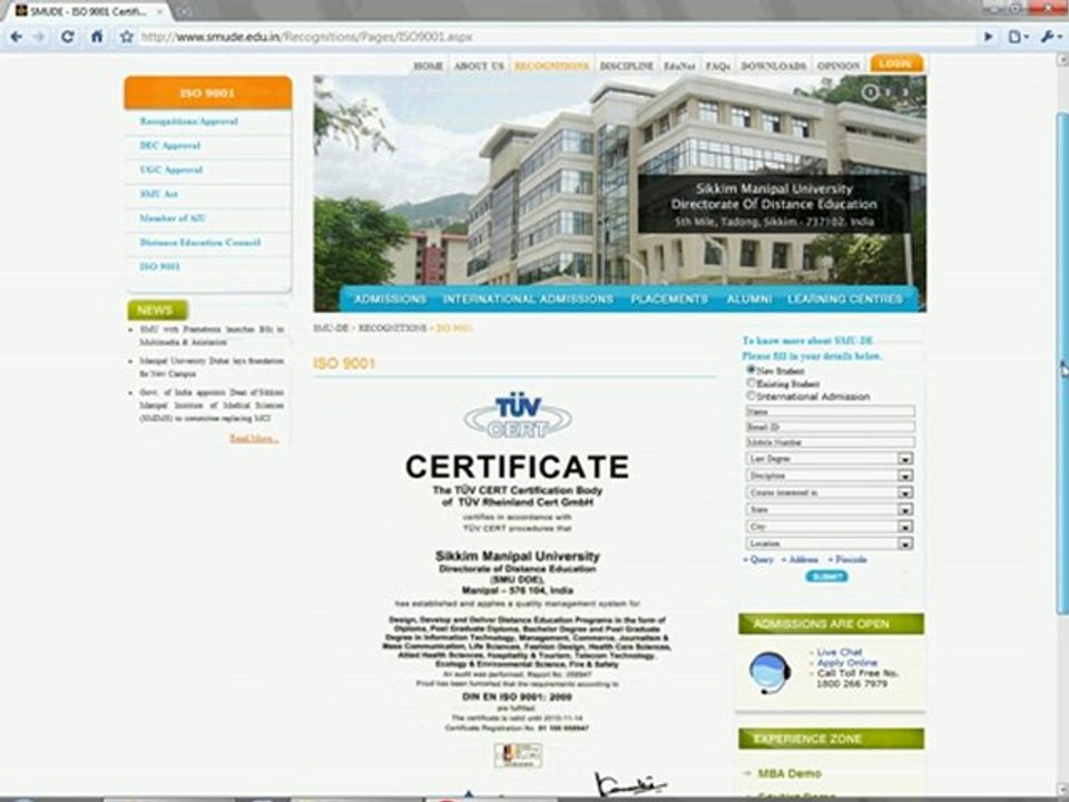 SIkkim Manipal University - Distance Education is IS0 9001