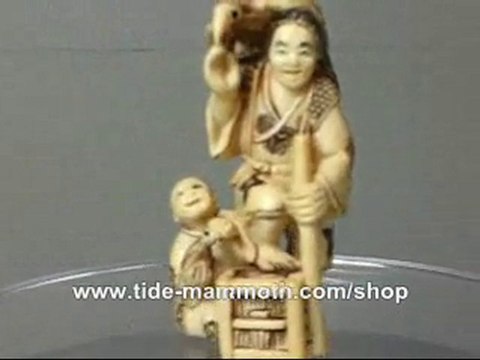 Mammoth Ivory Netsuke FATHER & SON WITH BIRD Carving H1216