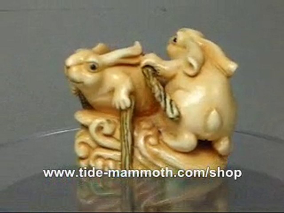mammoth ivory animal netsuke Two Rabbits Surfing N3017