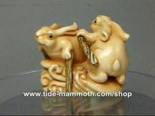 mammoth ivory animal netsuke Two Rabbits Surfing N3017