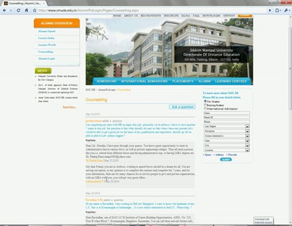 Alumni counseling section of Sikkim Manipal University – D E