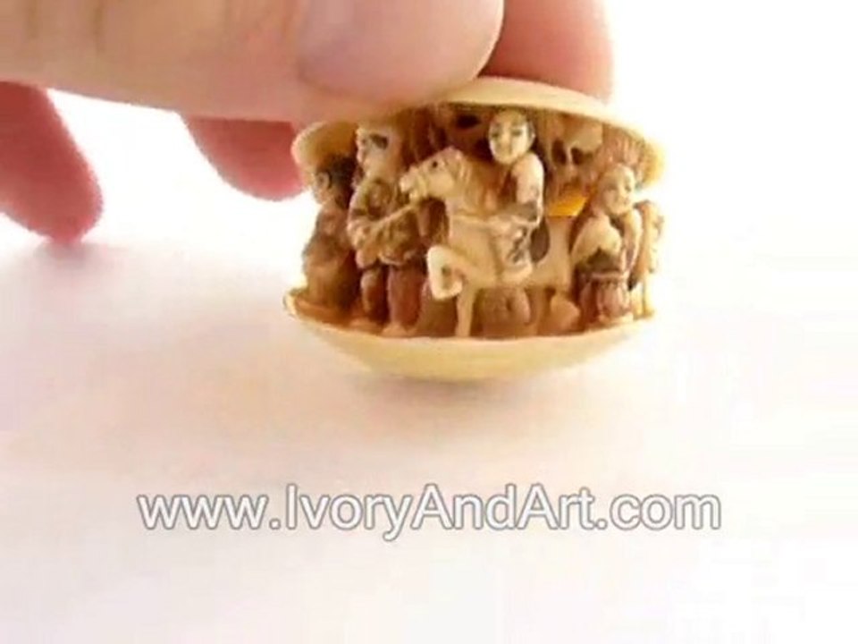 Mammoth ivory Netsuke - 5 People& Horse in a shell
