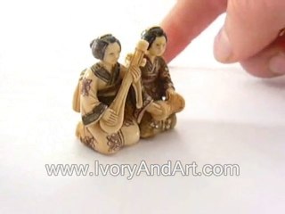 Ivory carving  Netsuke - 2 Japanese Ladies Playing music
