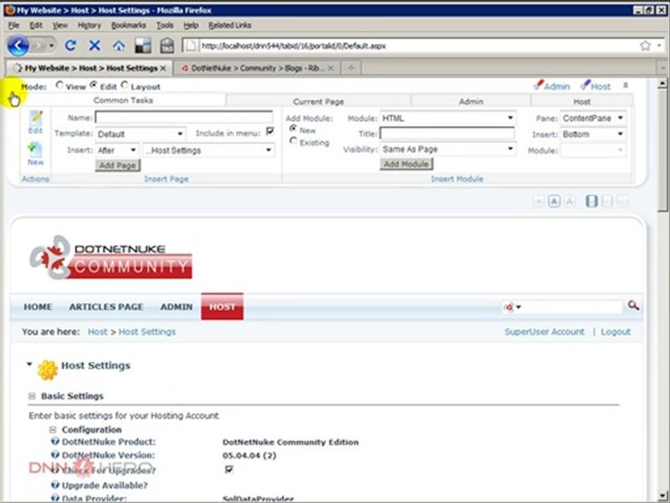 DotNetNuke Tutorial, Activating the Ribbonbar Control Panel