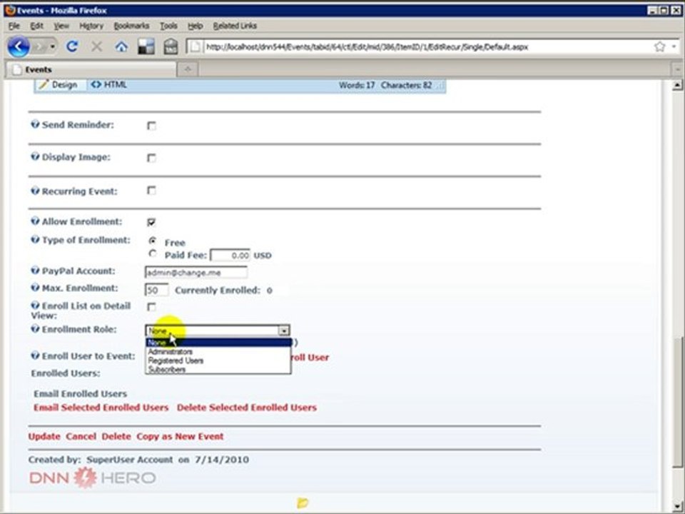 DotNetNuke Tutorial, User enrollment with the Events Module