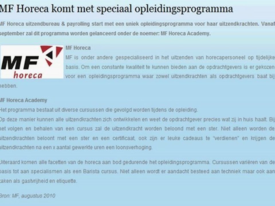 MF Horeca komt met speciaal opleidingsprogramma