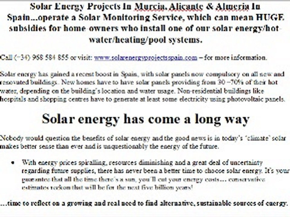 Solar Energy Subsidies In Murcia,Alicante & Almeria In Spain