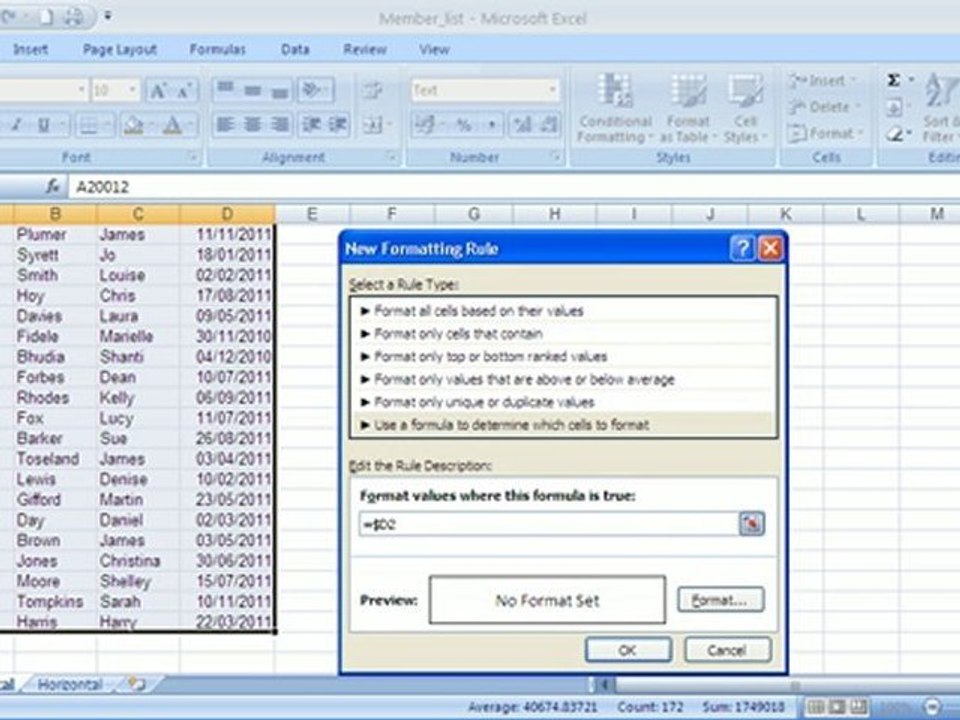 Conditional Format Entire Row in Excel 2007