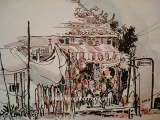 Asian Watercolor Art - Offering Joss Sticks at a Temple